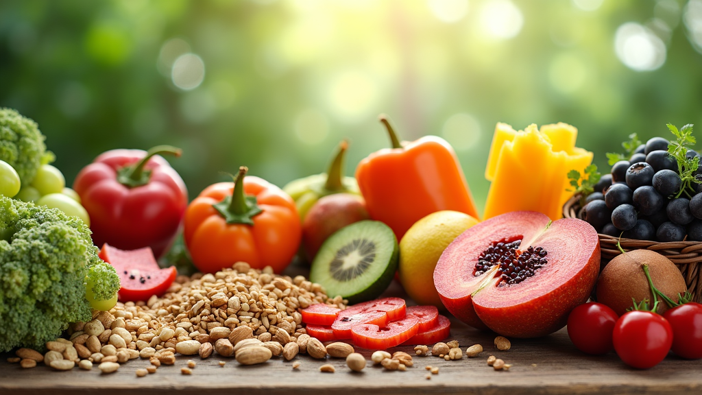 Fresh fruits, vegetables, and whole foods displayed on a wooden table for a healthy lifestyle